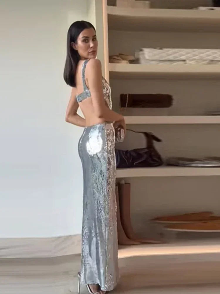 Silvery Backless Maxi Party Dress