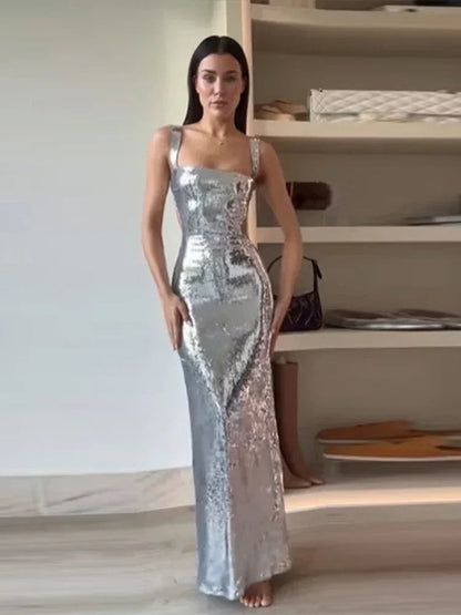 Silvery Backless Maxi Party Dress