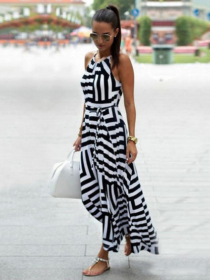 Asymmetric Striped Halterneck Maxi Dress in White and Black