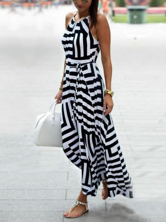 Asymmetric Striped Halterneck Maxi Dress in White and Black