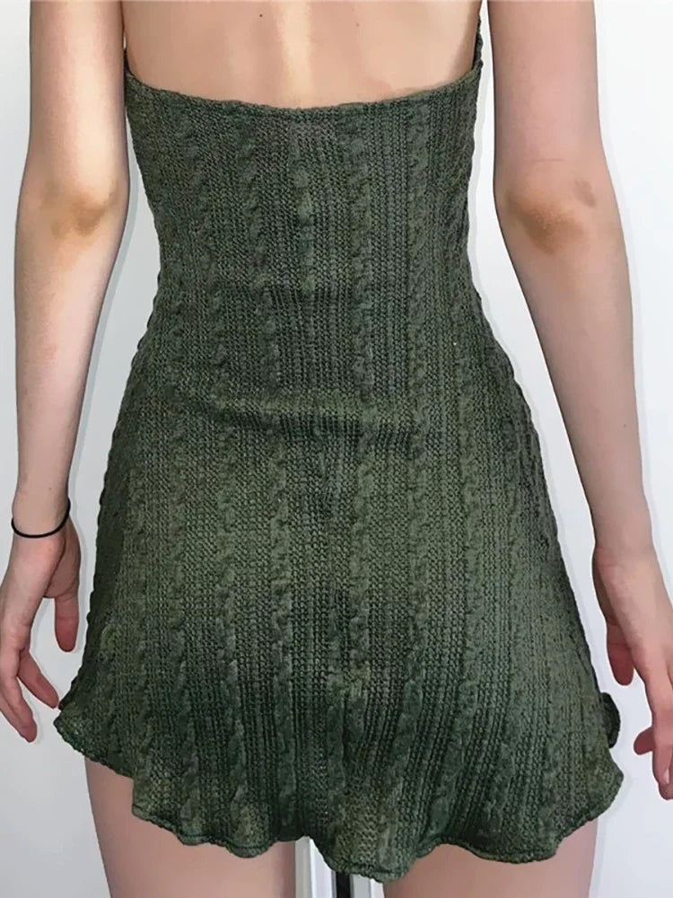 Knitted Grunge Green Folds Mini Dress