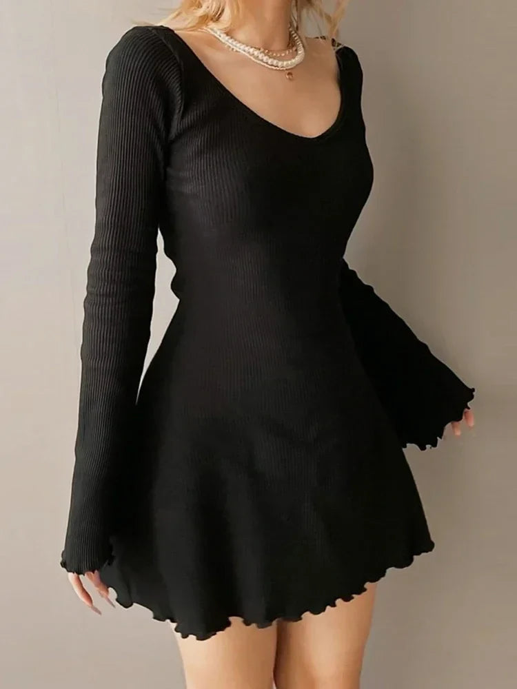 Knitting V Neck Hem Elegant Mini Dress