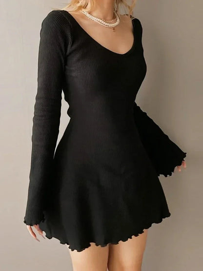 Knitting V Neck Hem Elegant Mini Dress