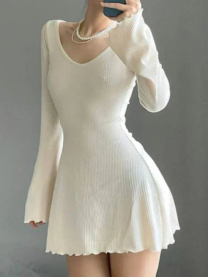 Knitting V Neck Hem Elegant Mini Dress