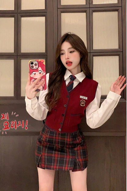 Red Knitted Long-sleeve Plaid Mini Skirt Fashion Suit