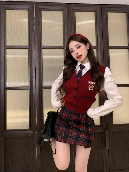 Red Knitted Long-sleeve Plaid Mini Skirt Fashion Suit