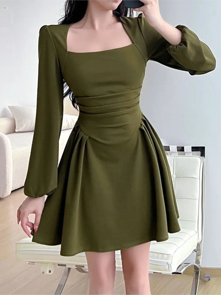 Square Collar Puff Sleeve Elegant Ladies Mini Dress