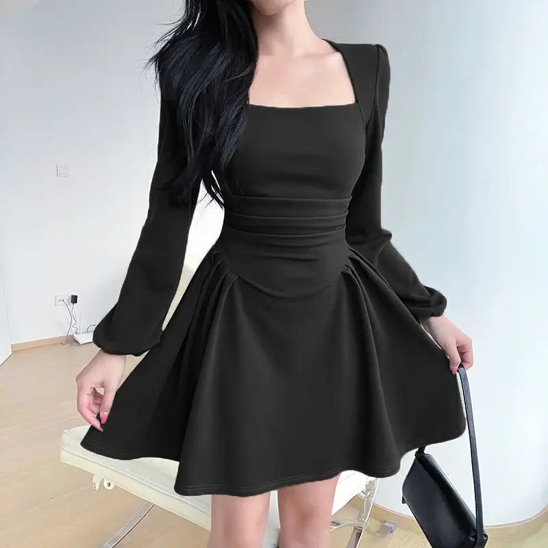 Square Collar Puff Sleeve Elegant Ladies Mini Dress