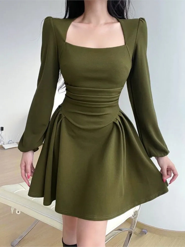 Square Collar Puff Sleeve Elegant Ladies Mini Dress