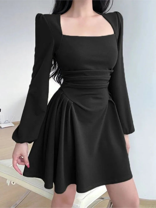 Square Collar Puff Sleeve Elegant Ladies Mini Dress