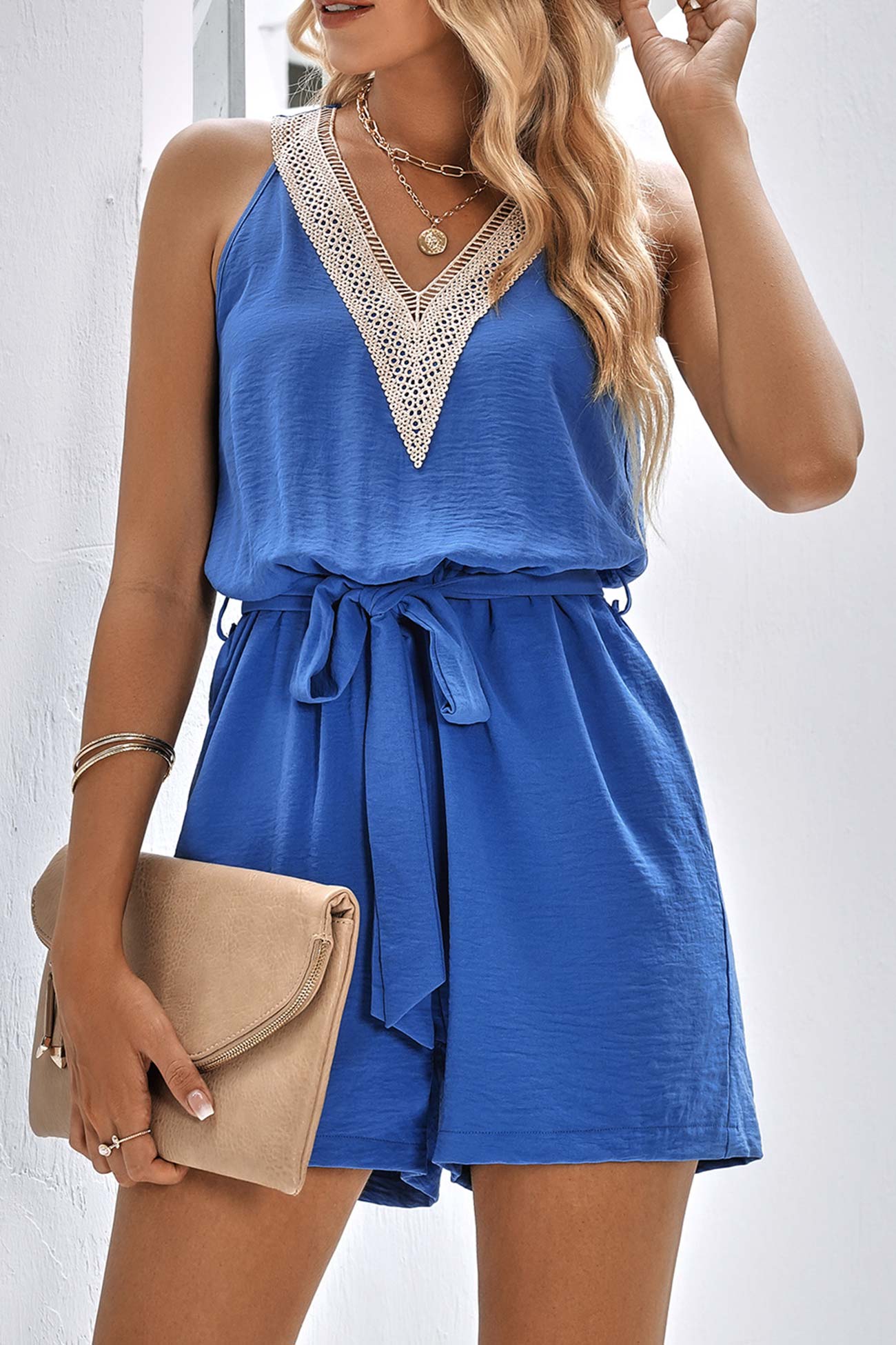 V Neck Tie-waist Rompers with Lacework