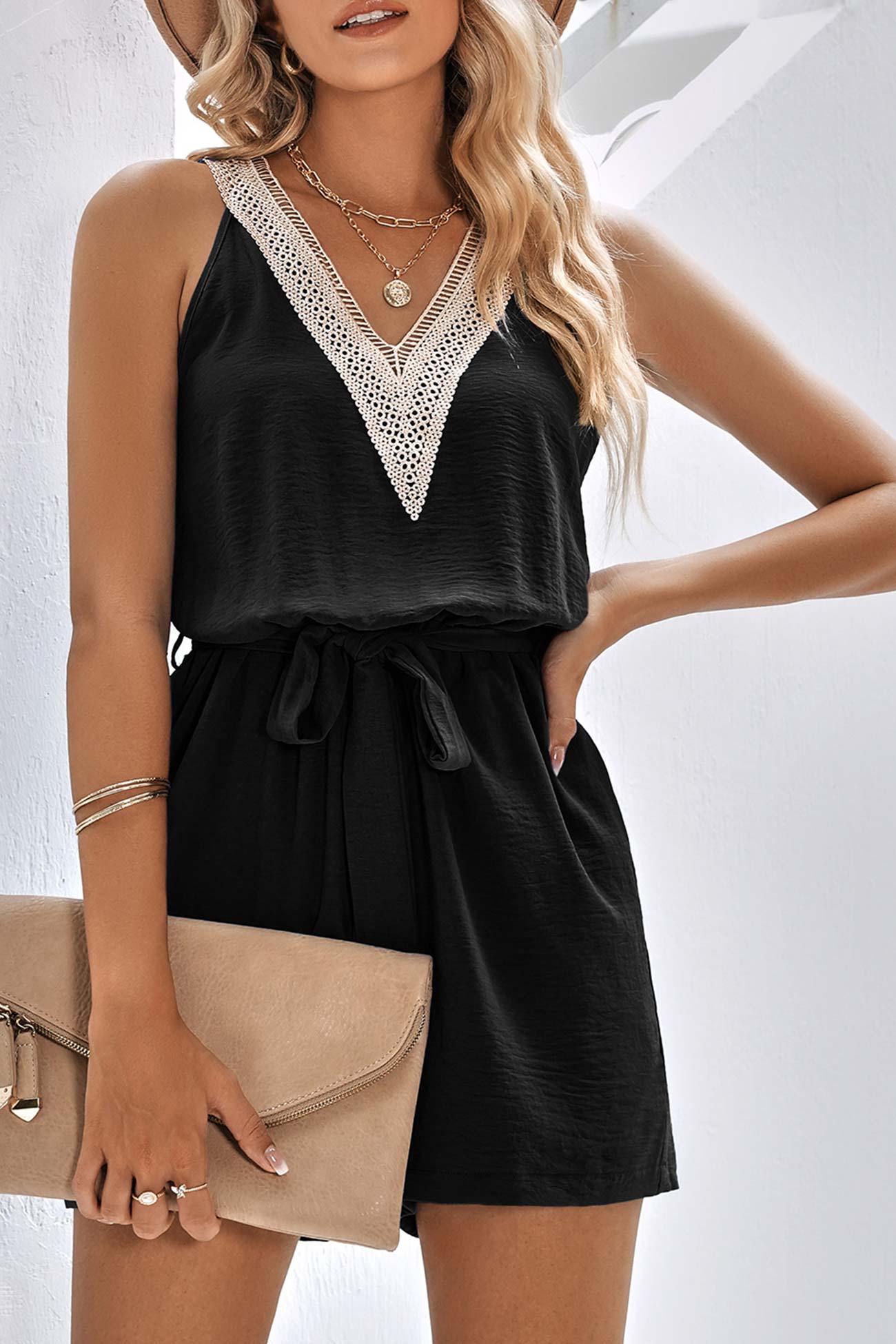 V Neck Tie-waist Rompers with Lacework