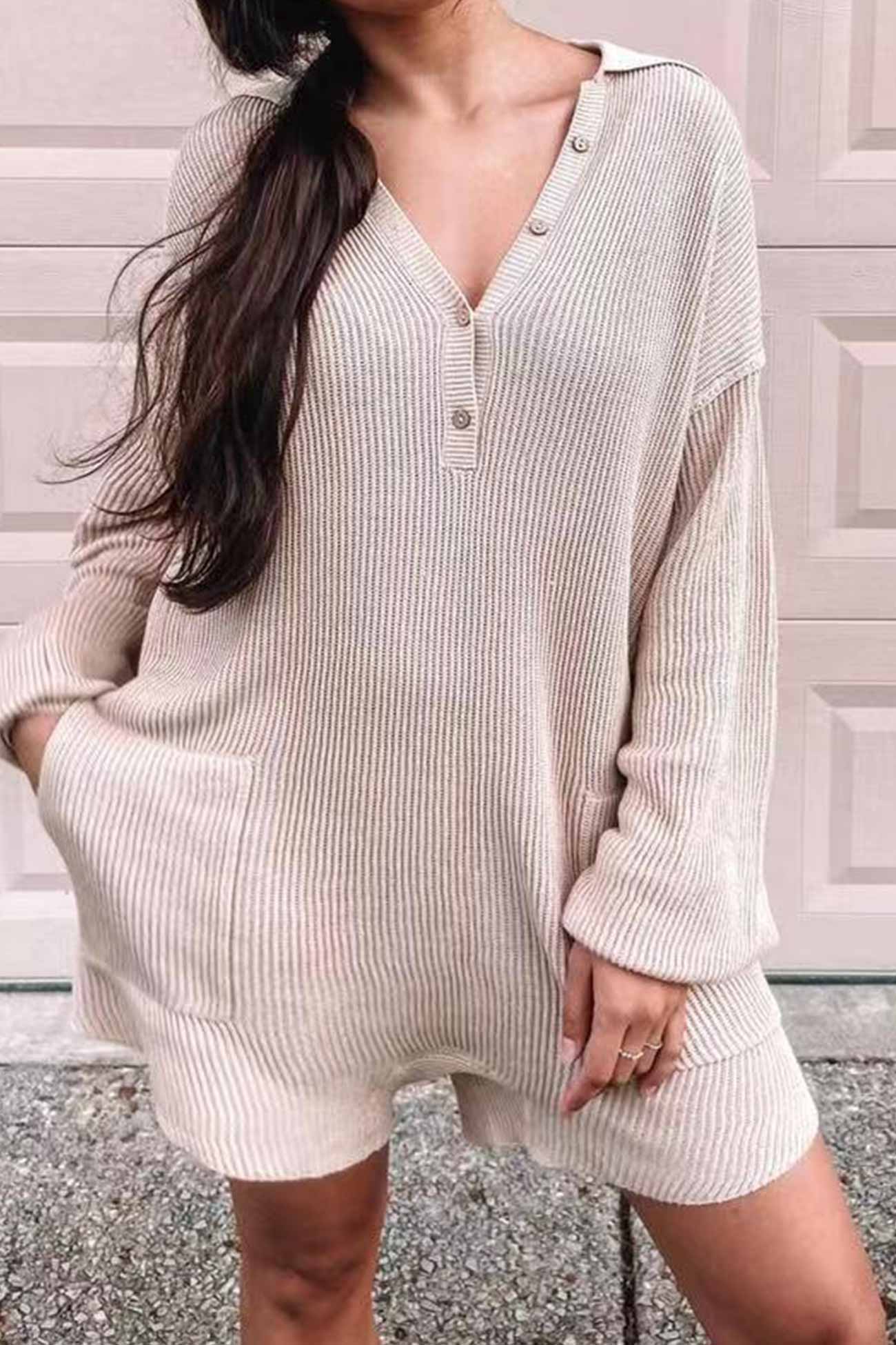 Ribbed Rompers with Lapel and Long Sleeves