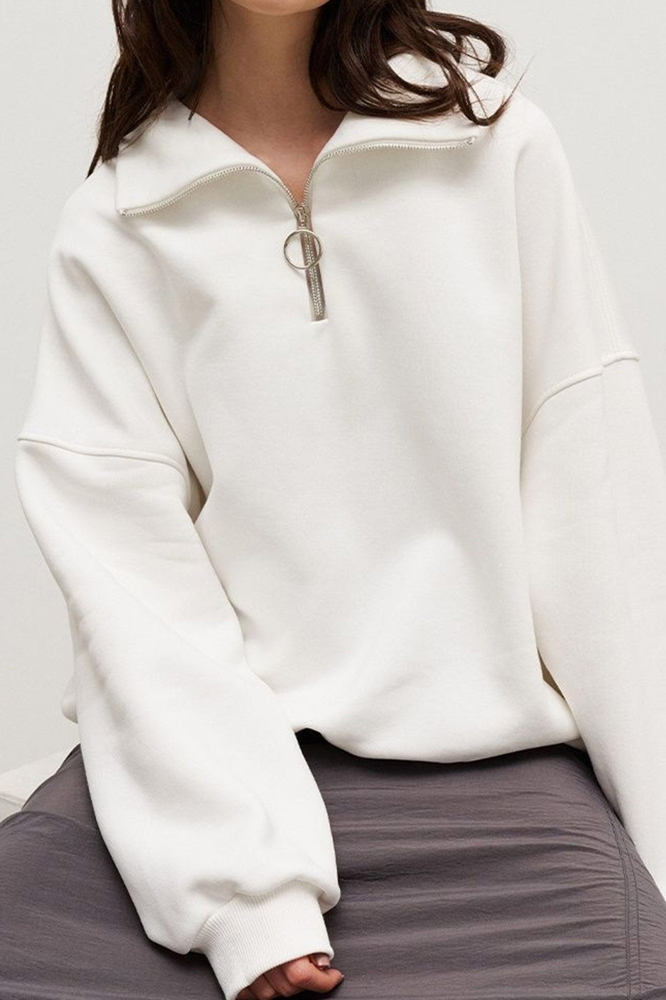 Solid Zipped Lapel Sweatshirt