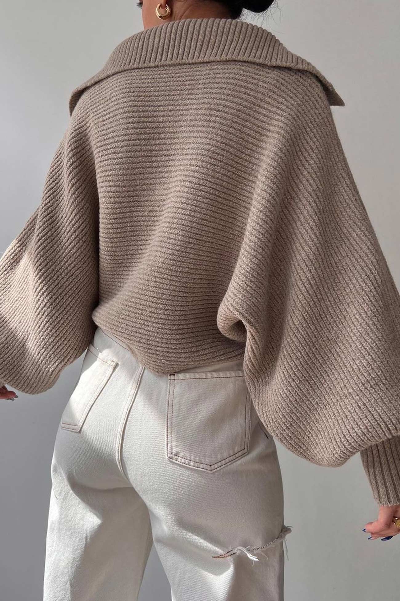 V Neck Puff Sleeve Sweater with Lapel