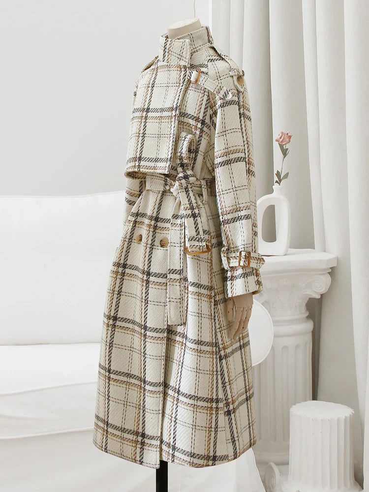 Autumn Winter Long Loose Warm Plaid Wool Blends Sleeve Belt Double Breasted Woolen Stylish Coat