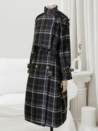 Autumn Winter Long Loose Warm Plaid Wool Blends Sleeve Belt Double Breasted Woolen Stylish Coat