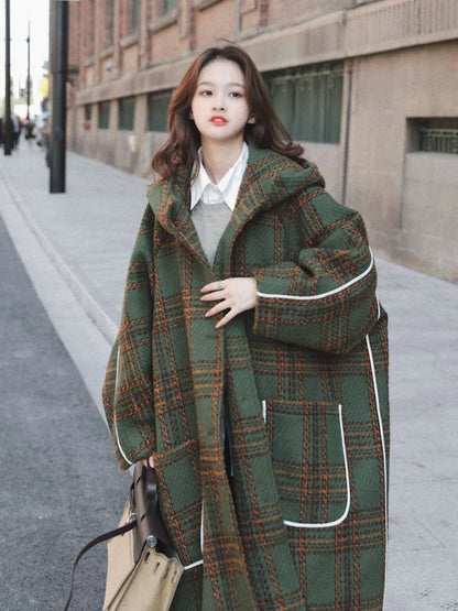 Autumn Winter Long Oversized Warm White Patchwork Wool Blends Hood Runway Korean Fashion Stylish Coat