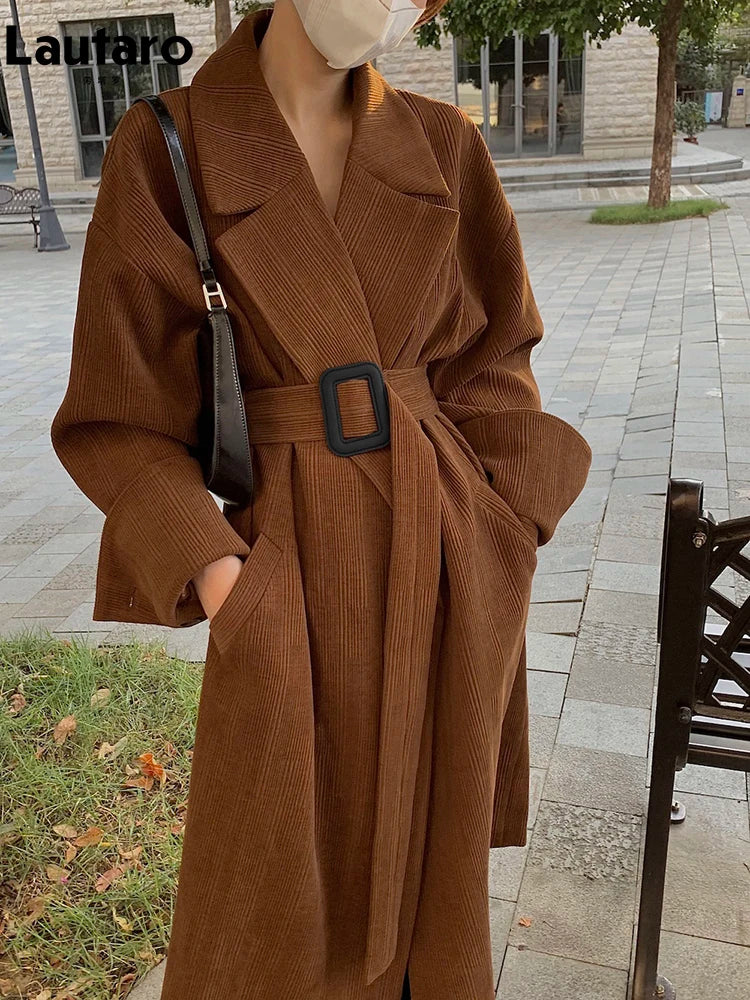 Spring Autumn Long Brown Black Striped Oversized Luxury Designer Runway Fashion 2024 Stylish Coat