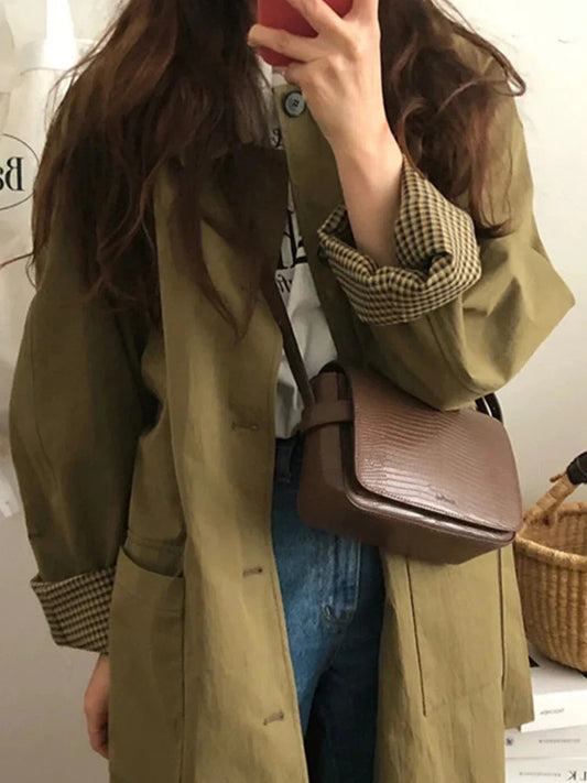 Spring Autumn Long Loose Casual Chic Turn-down Collar Pockets Single Breasted Korean Fashion 2024 Stylish Coat