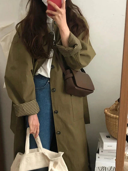 Spring Autumn Long Loose Casual Chic Turn-down Collar Pockets Single Breasted Korean Fashion 2024 Stylish Coat