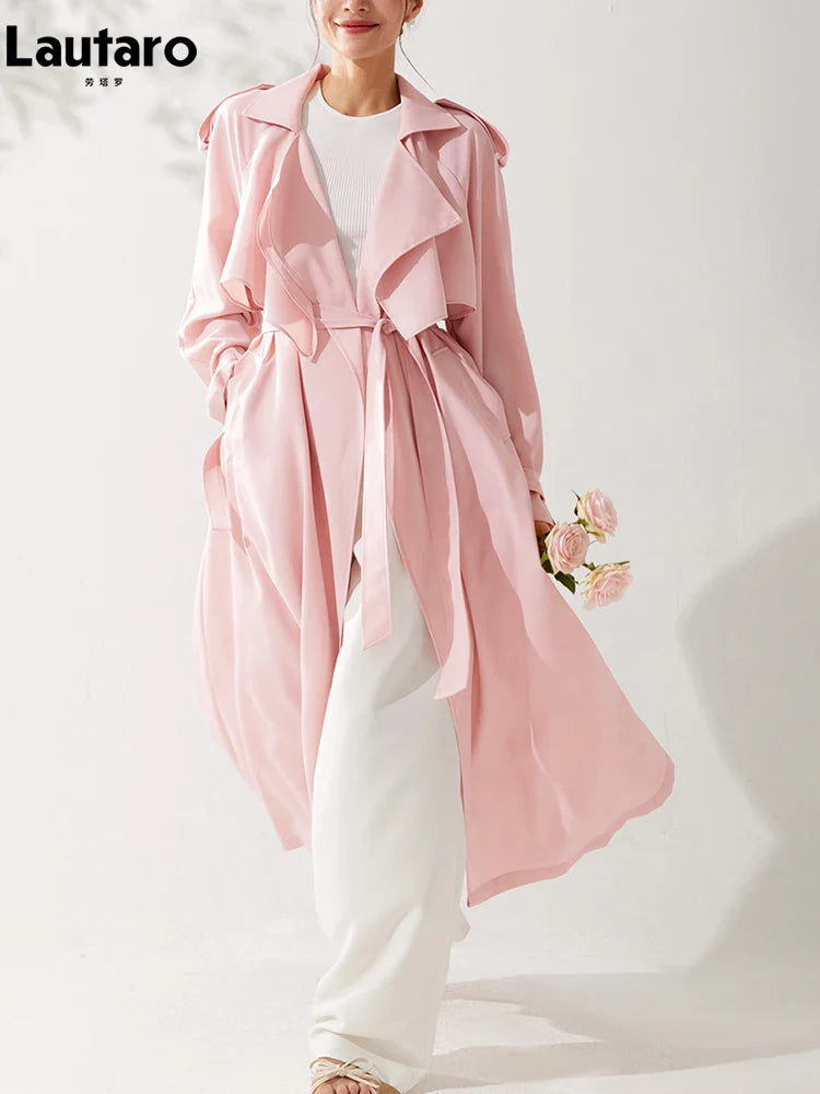 Spring Autumn Long Sweet Thin Flowy Pink Sashes High Quality Luxury Designer 2024 Stylish Coat