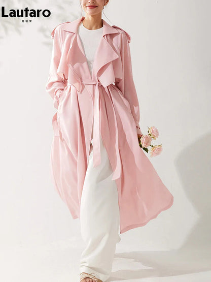 Spring Autumn Long Sweet Thin Flowy Pink Sashes High Quality Luxury Designer 2024 Stylish Coat