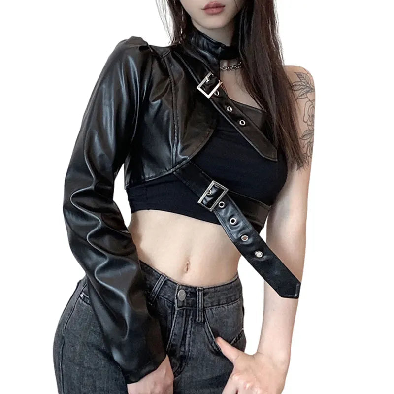 Leather Goth Punk Emo Stylish Elegant Classic Trendy Unique Crop Top