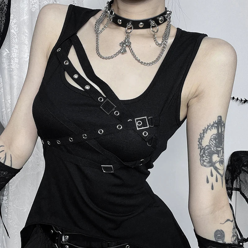 Y2K Goth Black Eyelet Irregular Sleeveless Slim Vintage Summer Crop Top