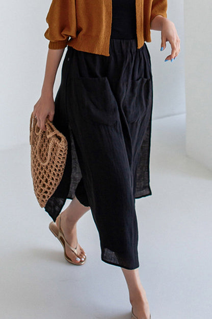 Solid Linen Midi Skirt with Pockets