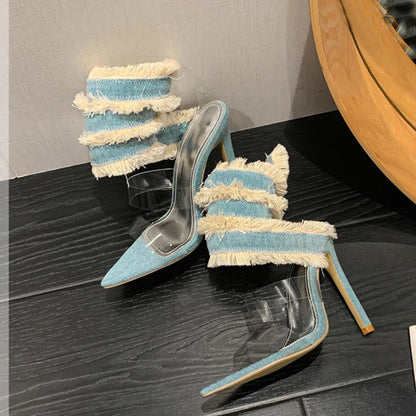 2024 New Design Denim Ankle Snake Surround Strap Sandal Women Transparent PVC Summer High Heels Party Stripper Shoes Pumps