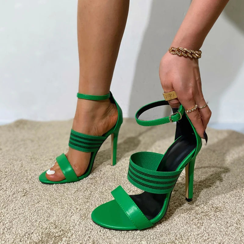 2024Fashion Mixed-Color Narrow-Band Sandals Open-Toe Buckle-Strap Gladiator High-Heels Summer Party Dress High Heel