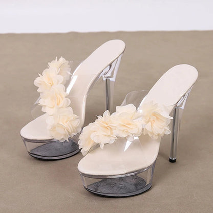 2024 New Fashion Pink Flowers PVC Transparent Super High Heels Platform Slipper for Women