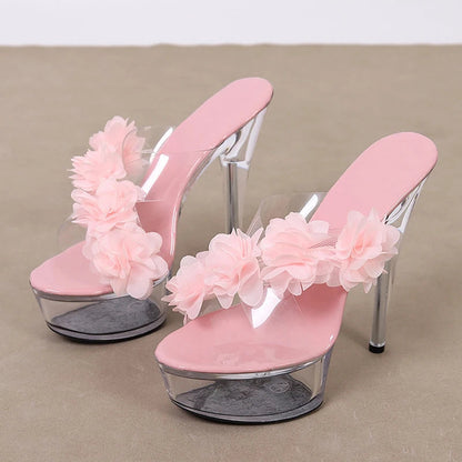 2024 New Fashion Pink Flowers PVC Transparent Super High Heels Platform Slipper for Women