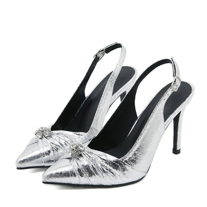 2024 Spring Shoes Pumps Pleated Pointed-Toe Silver High-Heels Sexy Back-Buckle Strap Stiletto High Heel