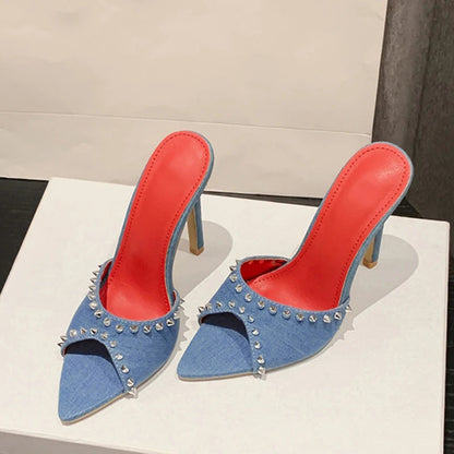 2024 SummerFashion Metal Rivet Designer High-Heels Pointed-Toe Party Stripper Women Mules High Heel