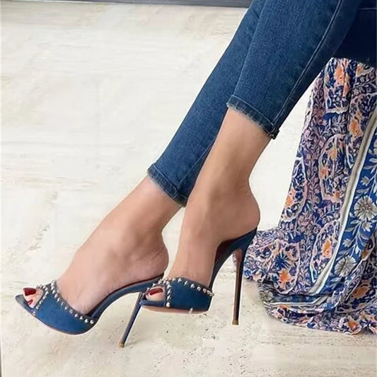 2024 SummerFashion Metal Rivet Designer High-Heels Pointed-Toe Party Stripper Women Mules High Heel