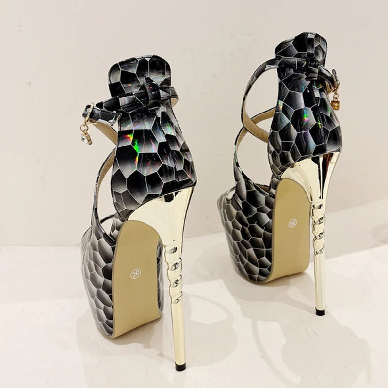 Sexy Snake-Print Platform Buckle-Strap Peep-Toe 17CM Sexy Banquet Ladies High Heel