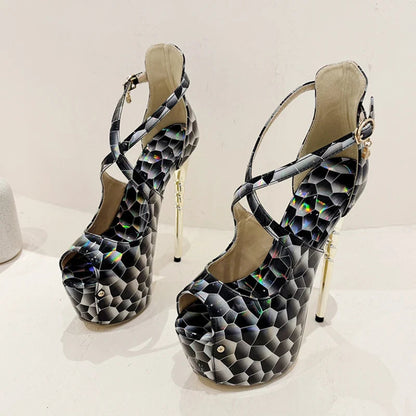 Sexy Snake-Print Platform Buckle-Strap Peep-Toe 17CM Sexy Banquet Ladies High Heel