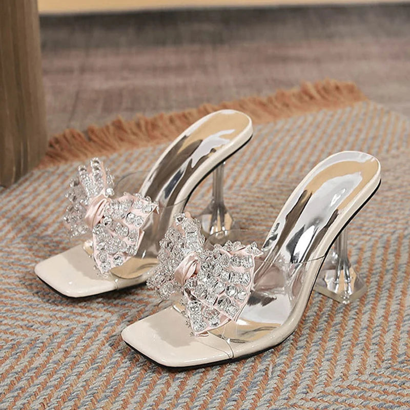 Big Size Women's Clear High Heel Sandals with Crystal Bowknot Square Toe