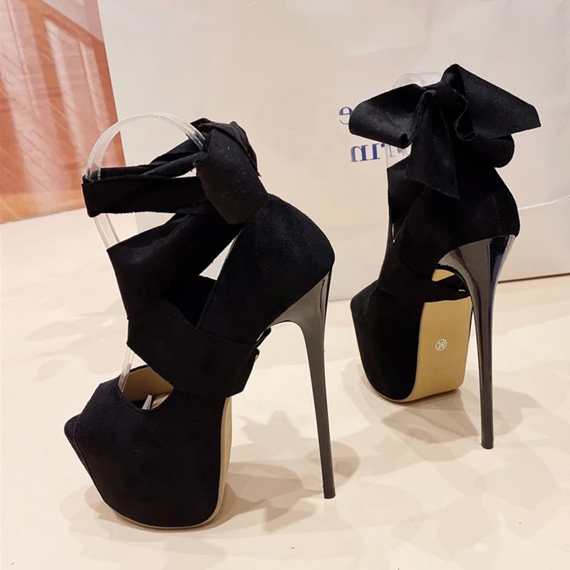 Black High Heels For Women 2024 Fashion Ankle Cross Strap Platform Pumps Peep Toe Stiletto Sandals