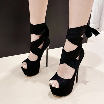 Black High Heels For Women 2024 Fashion Ankle Cross Strap Platform Pumps Peep Toe Stiletto Sandals