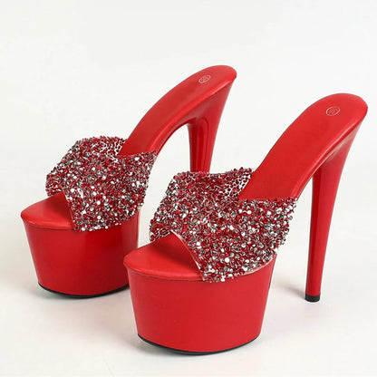 Black Red Sequined Transparent Platform Peep-Toe SexyFashionable Slippers Stripper High Heel