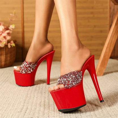 Black Red Sequined Transparent Platform Peep-Toe SexyFashionable Slippers Stripper High Heel