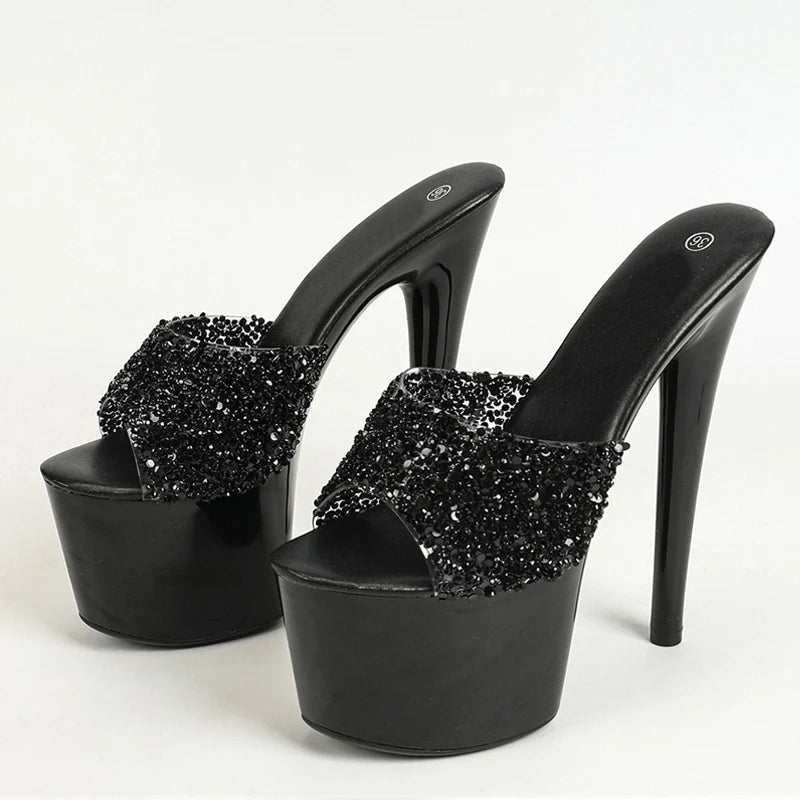 Black Red Sequined Transparent Platform Peep-Toe SexyFashionable Slippers Stripper High Heel