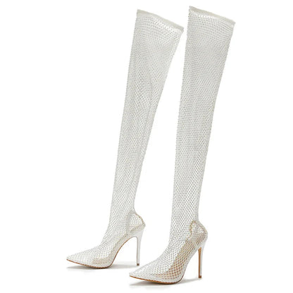 Rhinestone Fishnet Mesh Women Pumps High Heels Over-The-Knee Boots