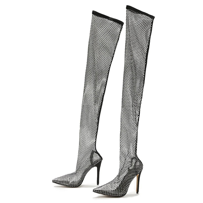 Rhinestone Fishnet Mesh Women Pumps High Heels Over-The-Knee Boots