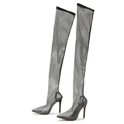 Rhinestone Fishnet Mesh Women Pumps High Heels Over-The-Knee Boots