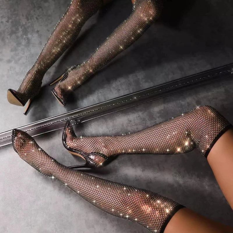 Rhinestone Fishnet Mesh Women Pumps High Heels Over-The-Knee Boots