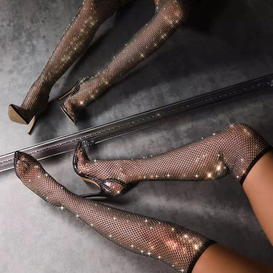 Rhinestone Fishnet Mesh Women Pumps High Heels Over-The-Knee Boots